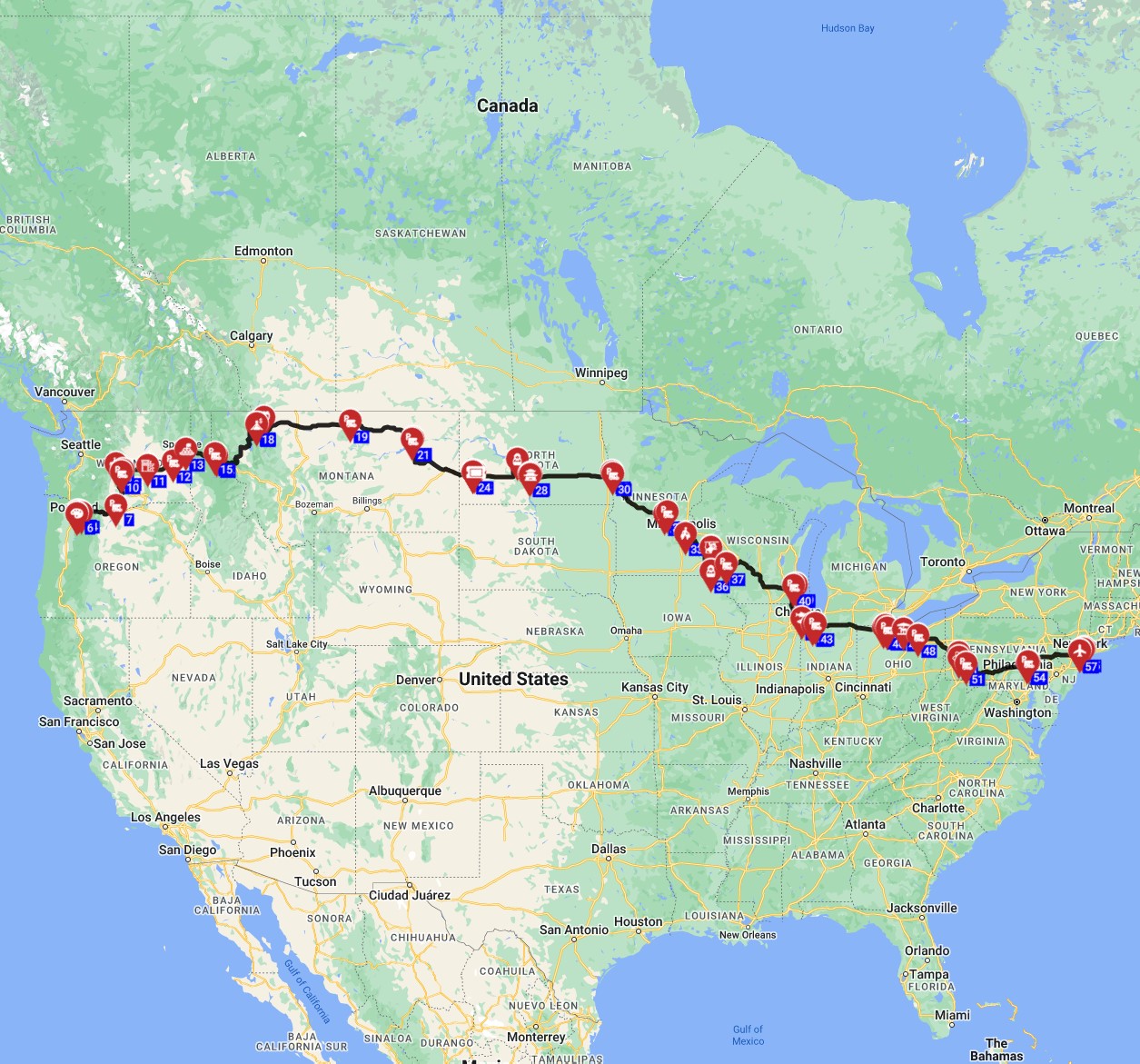 Map for Portland to New York - West to East Adventure